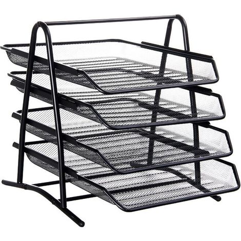 Classeur de bureau 4 compartiments en métal résistant, maille durable, montage facile, organisateur de documents à angle triangulaire, noir. (1/5)