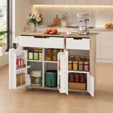 Credenza 120/46/85 cm bianca con rotelle 360° e pratici vani portaoggetti (1/5)