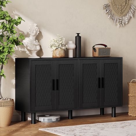 Sideboard 140x40x80 cm, Rattantüren, 4 Fächer, schwarze Metallgriffe, zylinderförmige Füße, Landhausstil - Schwarz