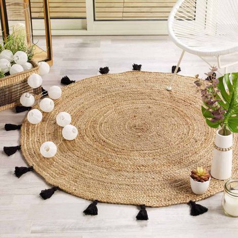 Paris Prix – Tapis rond déco en jute noir 120cm – Doux et agréable au toucher – Avec pompons – Facile d'entretien et d'utilisation (1/4)