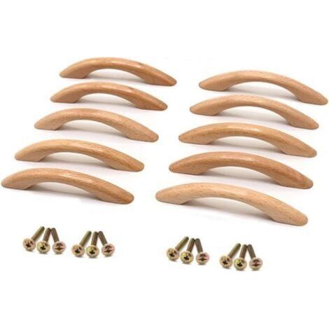 Poignée Meuble Bois 10 Pièces Poignee de Meuble Cuisine Bois Poignées de Meuble Poignées de Placard en Bois Poignée Armoire Arc en Forme de Poignée avec vis pour Porte Placard Tiroir 128mm (1/5)