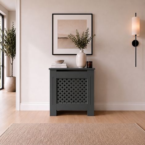 Radiator Cover Small Anthracite Grey Traditional Cross Slat MDF Cabinet with Display Shelf 780x815x190mm (1/5)
