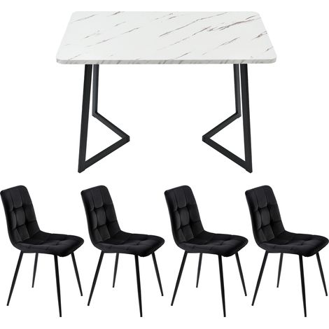Ensemble table à manger avec 4 chaises, table rectangulaire, ensemble moderne pour cuisine, chaise de salle à manger en velours noir, pieds de table noirs