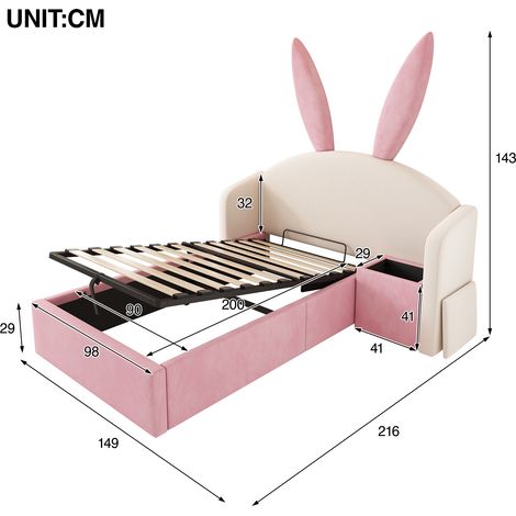 Lit bébé 90x200 avec coffre de rangement hydraulique, tête capitonnée à oreilles de lapin, en velours doux, teinte beige et rose, sans matelas, avec table de nuit assortie (1/5)