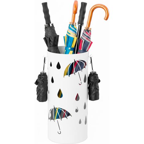 Portaombrelli Rotondo In Acciaio Zincato Con Vaschetta Scolapioggia E 4 Ganci Removibili Base Antiscivolo Design Moderno Per Ingresso Casa e Ufficio 41 x 17 Cm Bianco