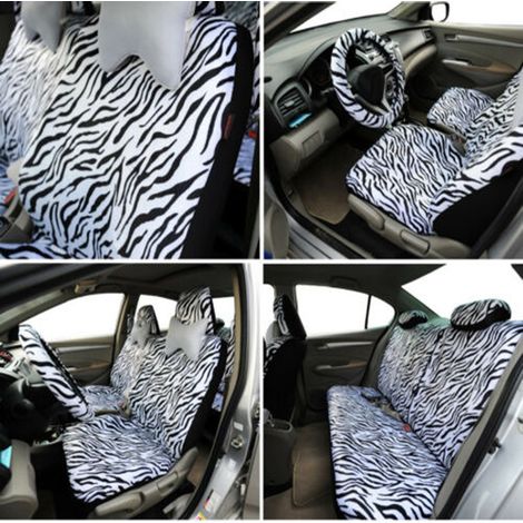 Set aus 12 luxuriösen Autositzbezügen mit Zebramuster und passendem Lenkrad, komplettes elegantes Auto-Interieur-Set, universeller Schutz. (1/5)