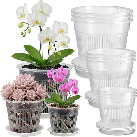 Lot de 9 Pot Transparent Orchidée, Pot pour Orchidées Respirant, Transparent Plante avec Trous de Drainage et Soucoupes pour Culture d'Orchidées en Intérieur et Extérieur (11/14/16cm) (1/5)
