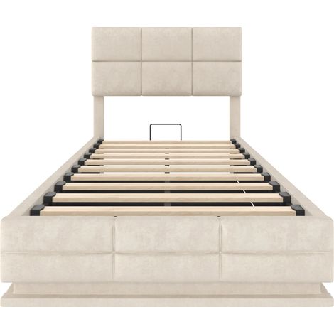 Letto imbottito 90x200 cm in velluto beige con testiera regolabile, LED, USB e contenitore (1/5)