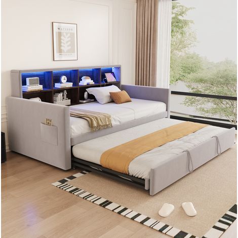 Cama sofá dormitorio con almacenaje y LED gris OKMYHOME (1/4)