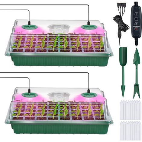 Mini Serre pour Plantes, 2 Pièces Bac à Semis avec Lampes de Culture, Contrôleur de Minuterie Luminosité Réglable, Plateau de Culture pour Plantes Intérieur avec Couvercle Ventilé