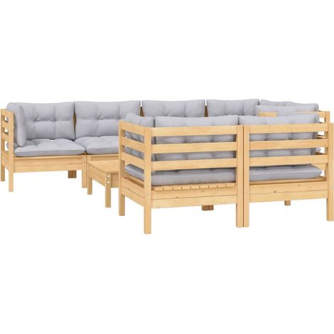 Mobili da giardino mobili da esterno Set di mobili da 8 pezzi con cuscini grigi in legno di pino massiccio