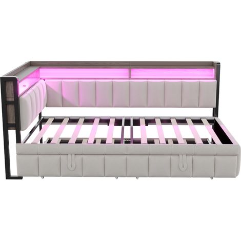 Sofá cama con cama nido 90 x 200 cm en terciopelo gris claro, LED, almacenaje y USB-C (1/5)