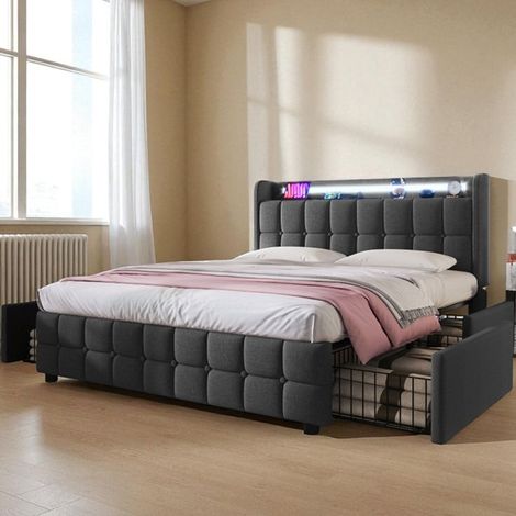 Cama 160x200 cm - NEXU - LED integrada - Cajones de almacenamiento - Cabecera acolchada