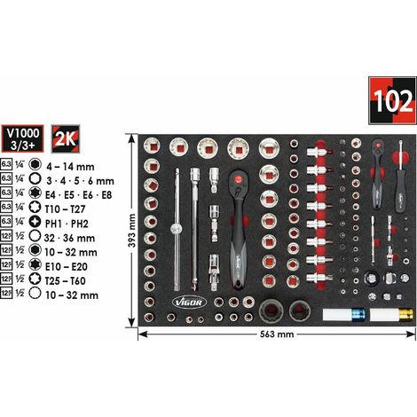 VIGOR Jeu de clés à douille avec carré d’entraînement 6,3 mm = 1/4" et 12,5 mm = 1/2" V4587, 102 pièces pour VW et AUDI