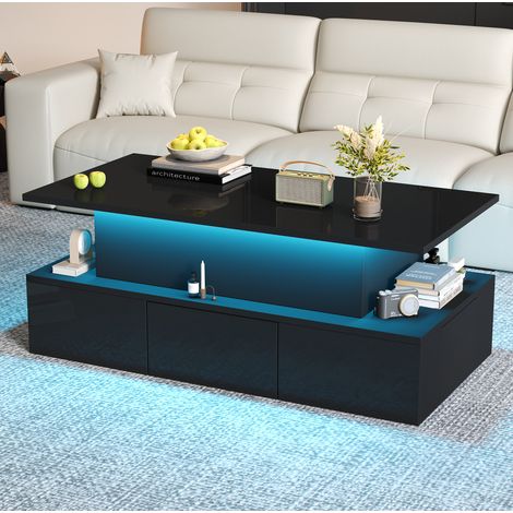 Table basse relevable 100x50x40 cm en MDF noir avec LED, 4 tiroirs et rangement caché - CHICFURN (1/5)