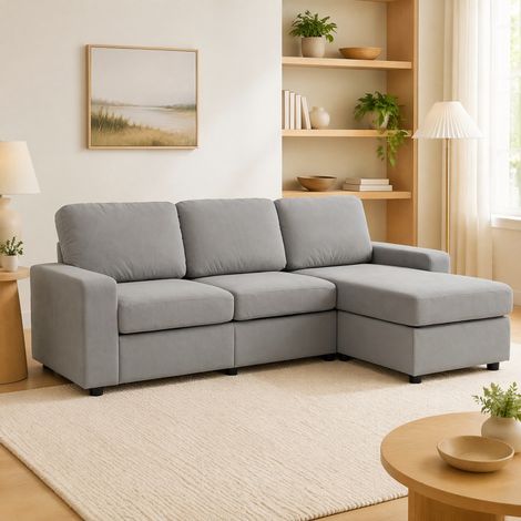 Divano angolare con contenitore, penisola reversibile, 4 vani contenitori, tessuto a pelo corto, metallo e legno, grigio chiaro (1/5)