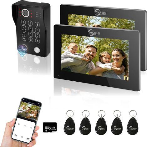 Video door intercom system with two units, 7-inch touchscreen, wired 1080p doorbell system, supports fingerprint, RFID card, password-protected motion detection, black (1/5)