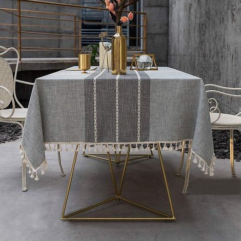 Nappe à rayures modernes et simples Pahajim, nappe à pompons en coton et lin, nappe élégante lavable (1/4)