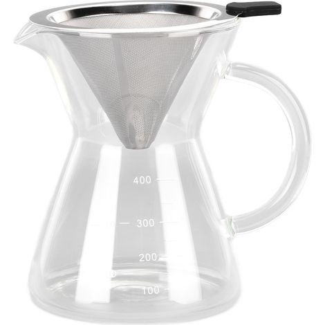 400-ml-Glaskaffeekanne, hitzebeständig, für Filterkaffee mit Edelstahlfilter, flacher Boden (1/5)