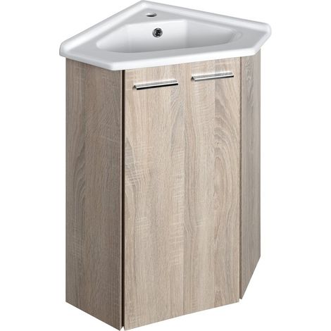 Meuble d'angle 39x74x39cm en MDF laminé – Placage chêne platine – Pour vasque – Installation suspendue ou autonome – Aqualine (1/4)