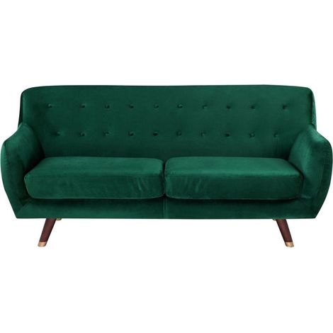 Sofa Green Velvet 3 Seater Button Tufted Back Cushioned Seat Wooden Legs BODO