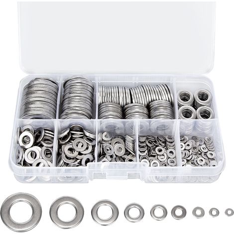 BRAVIX Rondelle Inox avec Boîte de Rangement (Lot de 580) - Assortiment de 9 Tailles M2, M2.5, M3, M4, M5, M6, M8, M10 & M12- Réparations, Usines & Décoration Intérieure