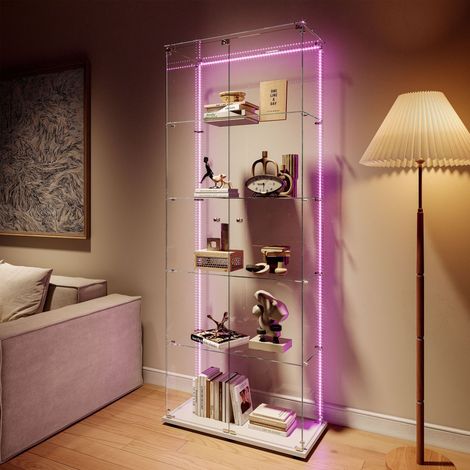 Vetrina in vetro temperato, vetrina per collezioni, altezza 187 cm, credenza con 2 porte scorrevoli, serratura e maniglia metallica, 5 ripiani e strisce LED - Bianca