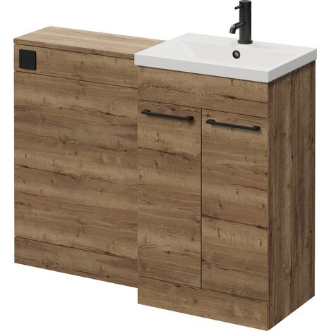 Napoli 390 Cento Tobacco Oak 1100mm 2 Door Vanity Unit Toilet Suite with Glide Basin - 1100mm - Matt Black 160mm HandleWithout Kingston Toilet Pan