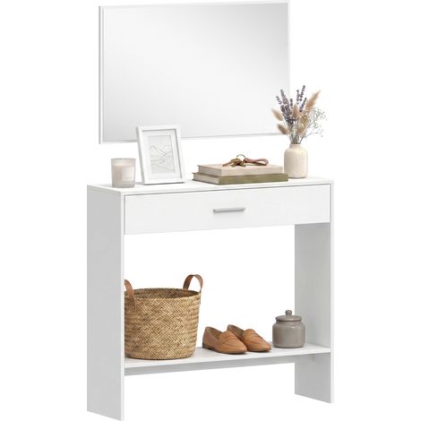 HOMCOM recibidor de entrada con espejo, cajón y estante, mueble de recibidor con diseño antivuelco, para pasillo, 91,5x27,9x85,5 cm, blanco
