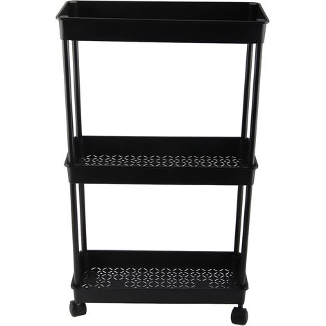Étagère mobile noire à 3 niveaux, 15 cm de large, peu encombrante, en plastique stable, à roulettes, idéale pour la buanderie, la salle de bain, la cuisine ou le bureau. (1/5)