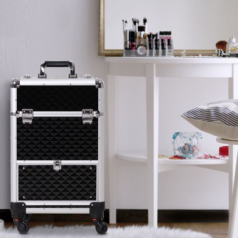 Valise trolley de maquillage en aluminium noir, mallette cosmétique vanity avec poignée télescopique réglable, 34 L × 25 l × 62 H cm (1/5)
