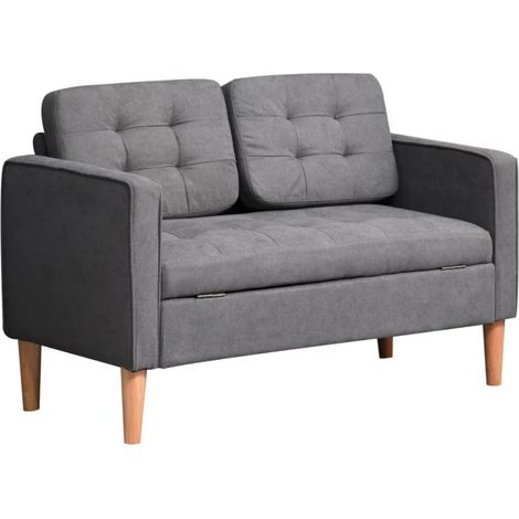 Canapé 2 Places Tissu Gris, Coussins Amovibles en Coton, Structure en Bois de Caoutchouc, 117x78x62 cm (1/5)