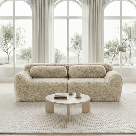 Canapé modulable 2 places, tissu peluche doux, design sans cadre, coussins inclus, confort élevé, kaki clair (1/5)