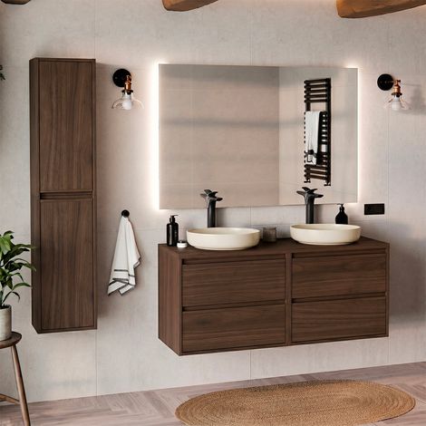 Ensemble meuble double vasque 120cm et colonne Edmé Bois foncé (1/5)