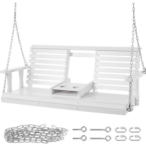 Mophorn Columpio de Madera para Porche 152x71x60cm Columpio de Banco para Patio y Jardín Capacidad de Carga Fuerte Mejorada de 880 Libras, Banco de Silla con Cadenas Colgantes para Exteriores, Blanco (1/5)