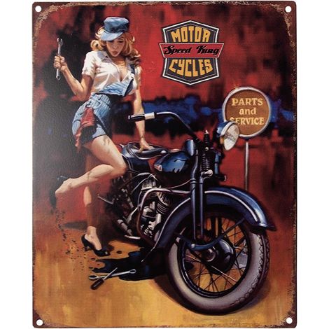 Plaque Murale Vintage en Fer Décoration Motif Femme et Moteur Rouge et Bleu 20 x 25 cm - PANGIVO
