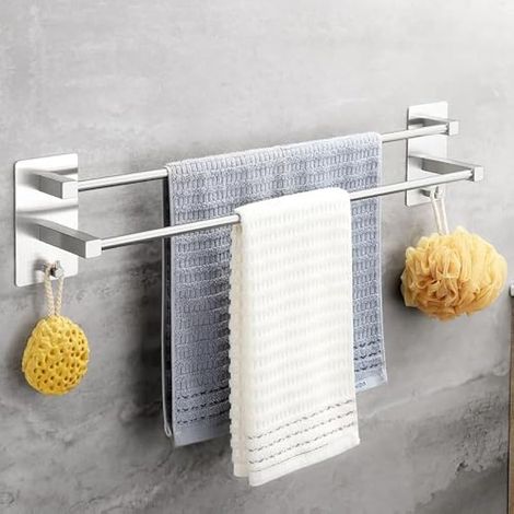 Porte Serviettes sans Perçage avec 2 Crochets- 2 Barre Porte Serviettes Autocollante - Montage Mural Porte-Serviettes 304 en Acier Inoxydable Argent Étagère Murale Barre Porte-Serviettes (1/5)