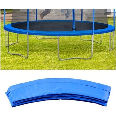 Trampolinabdeckung – Durchmesser: 240 cm. 30 breite PVC-Federn. Wasserdichte und reißfeste Polsterung. Mit blauen, elastischen Gurten aus Perlbaumwolle. (1/5)