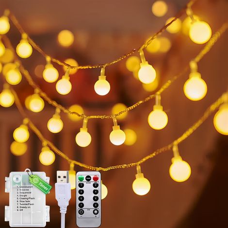 Luci a stringa a batteria/USB, 6 m, 40 LED, IP44 impermeabile, 8 modalità, Natale, Halloween, decorazione da giardino, luci a stringa a batteria per interni/esterni (bianco caldo) [Classe energetica A