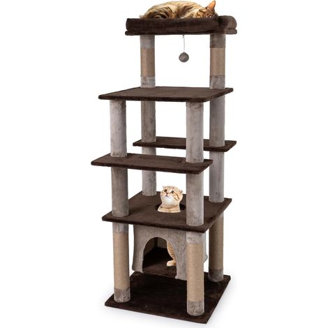 Costway – Arbre à chat XXL 148 cm – 6 plateformes et 6 poteaux à griffer en jute – Condo flottant avec pompon suspendu – Base large 56 x 56 cm (1/5)