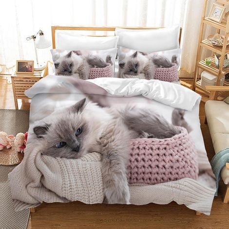 Ensemble de literie 135x200 cm avec motif de chat, housse de couette enfant 3D en microfibre