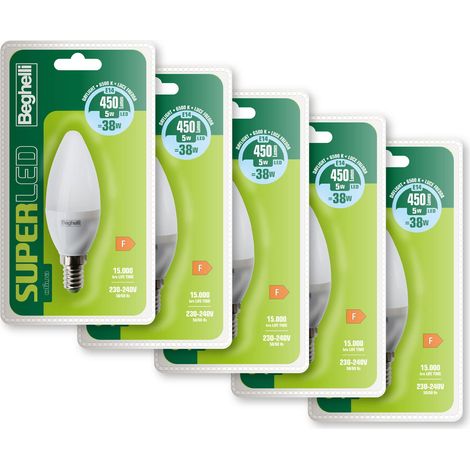 Beghelli - SUPER Led Lampadina Led E14 Luce Fredda, Lampadina Led a Oliva 5W, 450lm, 6500K, 5 Pack da 1 Lampadina (1/5)