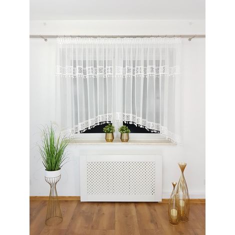Rideau prêt à poser 300x160 cm en gaze de coton blanc chaud avec dentelle au crochet (1/5)