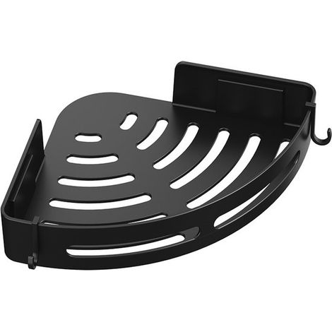 Estante esquinero para ducha - Acero inoxidable, con orificios, 2 ganchos, apto para baño y cocina, negro (1/4)