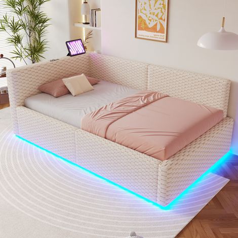MEUBLIV Letto 90x200 cm beige con testiera LED, contenitore e USB, senza materasso (1/5)