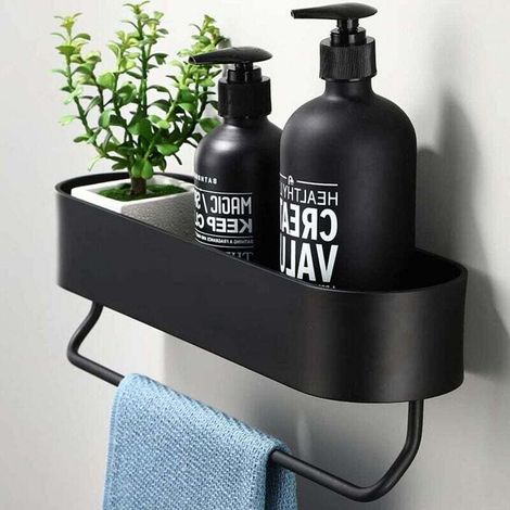 Bathroom shelf with adhesive, no drilling required, black shower basket, shampoo/shower organizer, storage basket with towel rack (1/4)