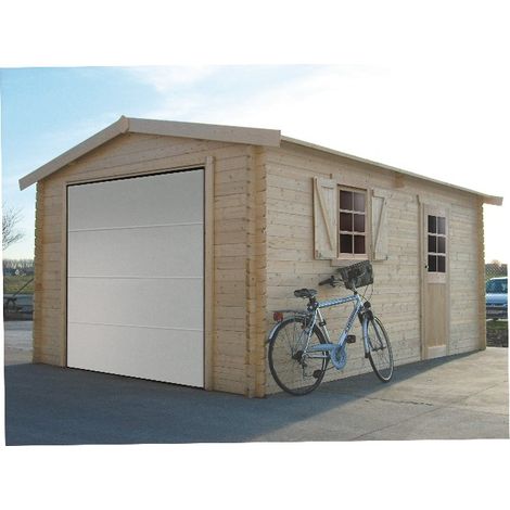 Solid – Garage bois 19.26 m² – Dimensions 258 x 538 x 253 cm – Épaisseur 40 mm – Porte sectionnelle motorisée – 1 fenêtre plexiglas (1/4)