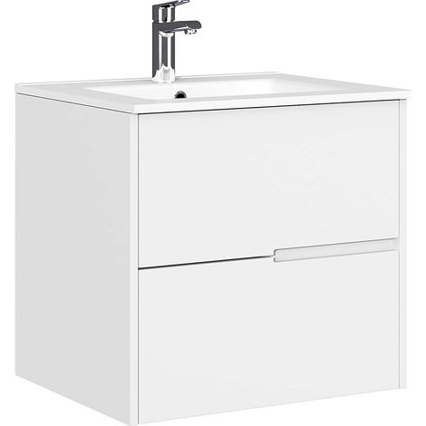 Meuble de Salle de Bain, 2 tiroirs, Suspendu au Mur, avec lavabo en céramique, Plusieurs Finitions, livré monté, sans Miroir, 70 cm, Blanc (1/5)