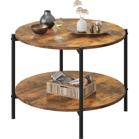 Table ronde en bois à deux niveaux WLIVE, offrant un grand espace de rangement, design moderne pour le salon et la chambre, marron (1/5)
