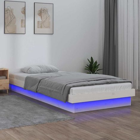 Lit simple pour adulte - Cadre de lit à LED Blanc 75x190 cm Petit simple Bois massif BV954021 - BonneVie (1/5)